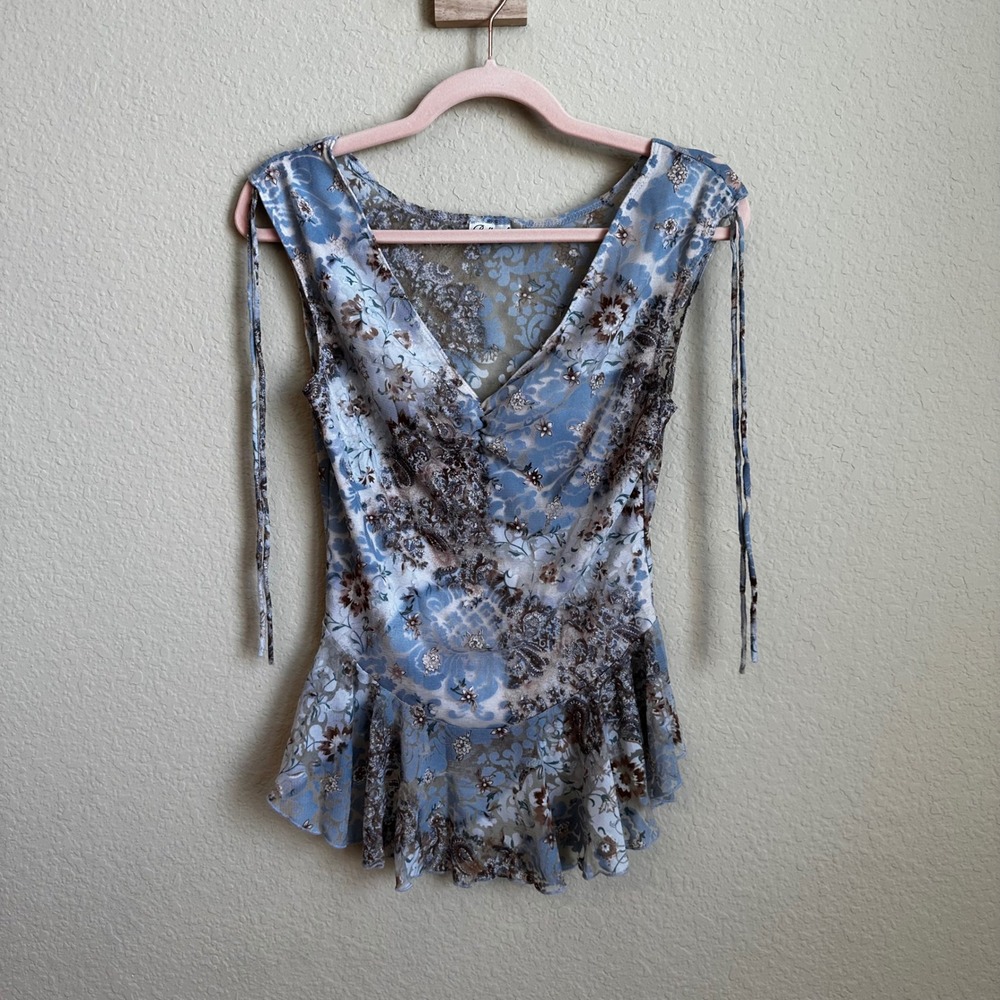Belle Amie Floral Paisley Sheer Mesh Peplum Top Sleeveless Fairycore Y2K S/M